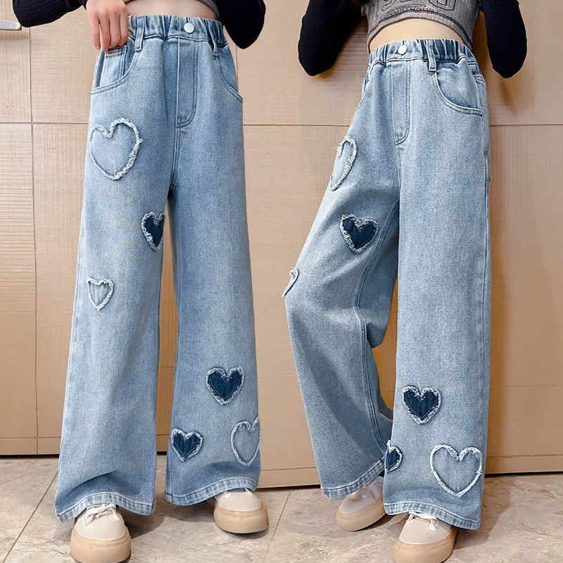 Big Girls School Wide Leg Pants with Heart Design Casual Loose 2024 New Spring Fashion Long Jeans Children Korean Style Trousers