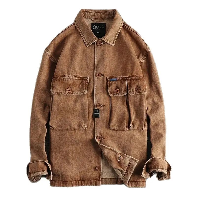 

Мужская джинсовая куртка Heavy do old, потертая кофейная куртка в стиле ретро, Молодежный кардиган с трехмерными карманами, пальто