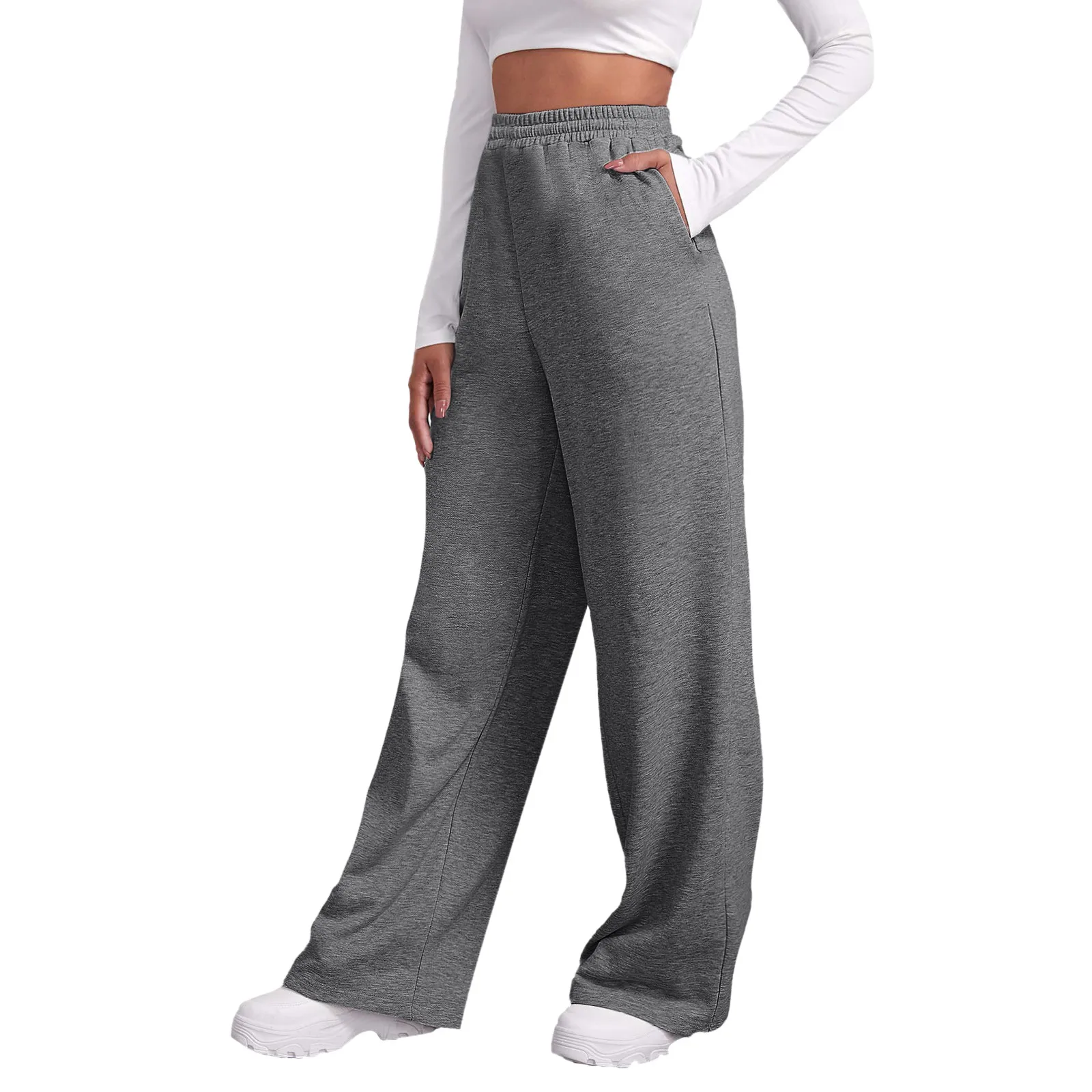 Lady Fleece Lined Straight Leg Pants Solid Color High Waits Sweatpants Fashion Casual Warm Trouser With Pockets