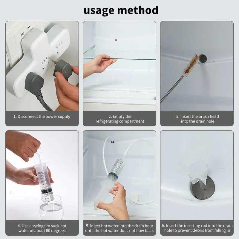 Urządzenie do czyszczenia lodówki z odwadniającym otworem i odwadniającym spiralną szczotką do czyszczenia strzykawka 5 szt. Zestaw narzędzi do