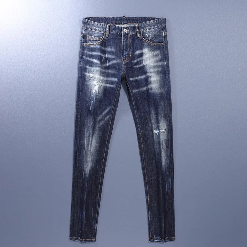 Hombredesigner Men's Retro Blue Elastic Slim Fit Corrugated Jeans Street Fashion High-Quality Designer Brand Pants