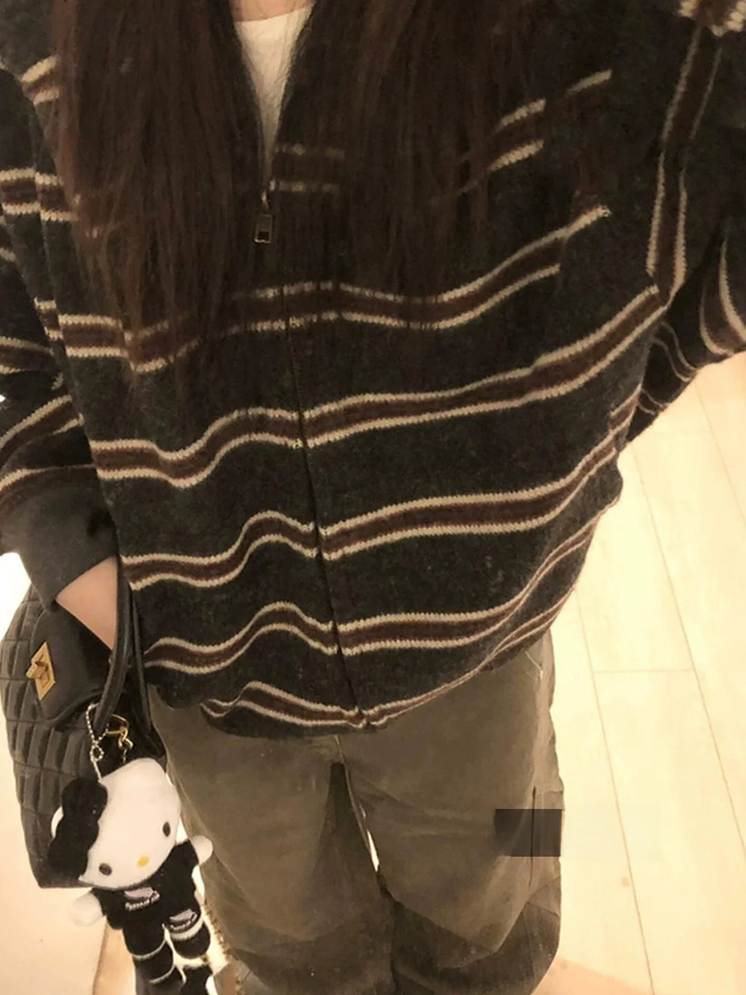 

Полосатая толстовка с капюшоном в американском стиле ретро, вязаный свитер на молнии, женский зимний дизайн, уникальный кардиган, топ, свободный крой, длинный све с капюшоном