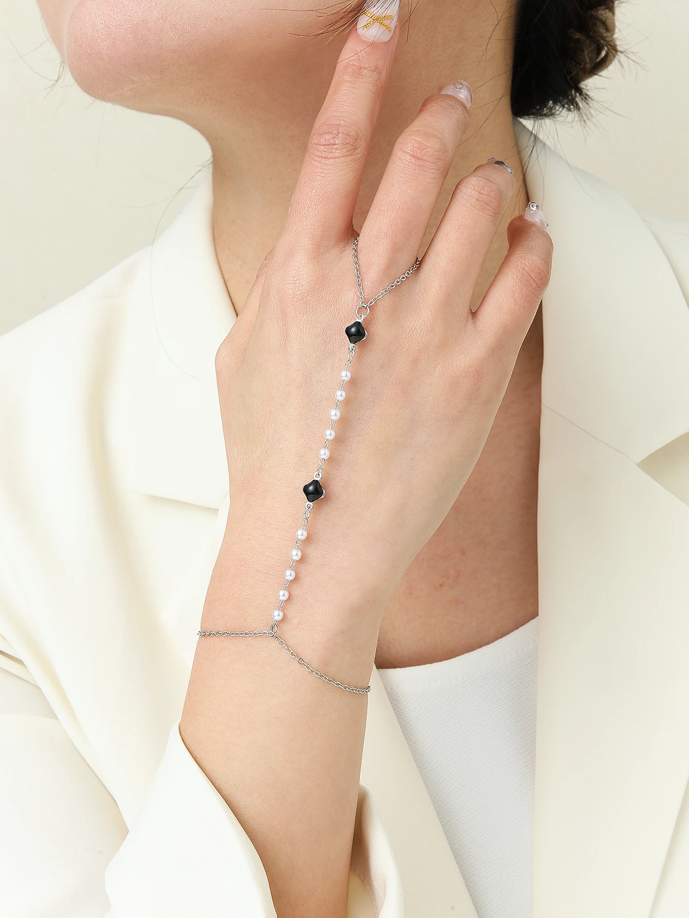 QIMING Pearl Hand Chain Ring Bracelet Women Dainty Finger Slave Bracelets Cubic Zircon Jewelry Gifts