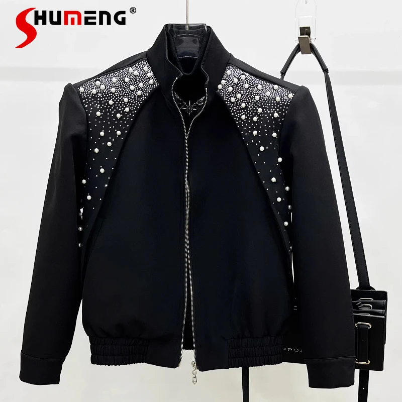 

Men's 2025 Autumn New Rhinestone Beaded Jackets Masculinity Loose Trendy Padded Shoulder Stylish Coats Zipper Handsome Jackets