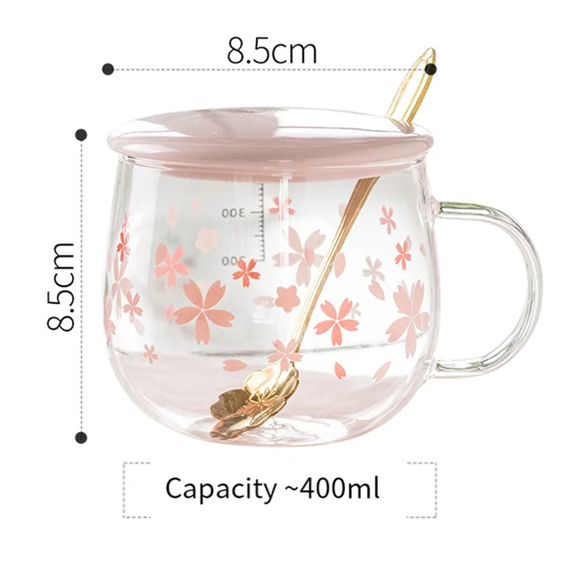 400Ml Creative Sakura Glass Coffee Mug Cute Transparent Cup Heat-Resistant Water Cup With Handle Lid Spoon ,D