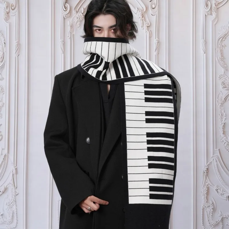 New Versatile Warm Scarf Japanese Style Piano Black White Key Scarf Men Imitation Rabbit Velvet Jacquard Shawl Ruffian Gentle