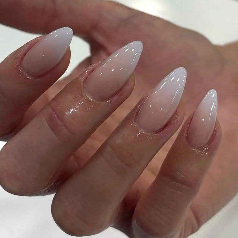 

24 Pcs Almond Summer Press on Nails for Gluing Simple Pink White Nail Tips Gradient Stickers for Nails False Nails Set Self-nail