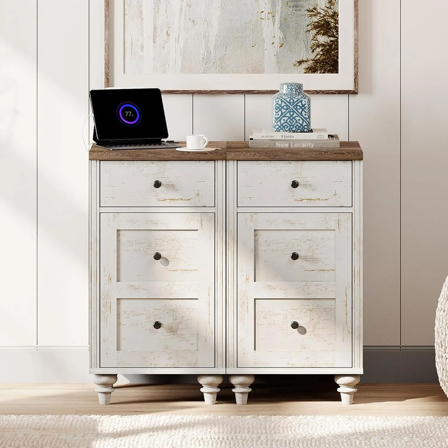 Farmhouse End Table With Charging Station USB Ports Drawer Storage Cabinet Bedroom Rustic White Set Of 2, Customized