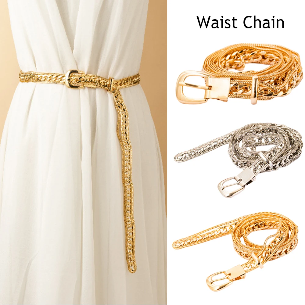 

Gold Silver Waistchain Belt Woman Metal Waist Chain Adjustable Alloy Dress Waist Belt Jeans Shirt Decorative Waistband Jewelry