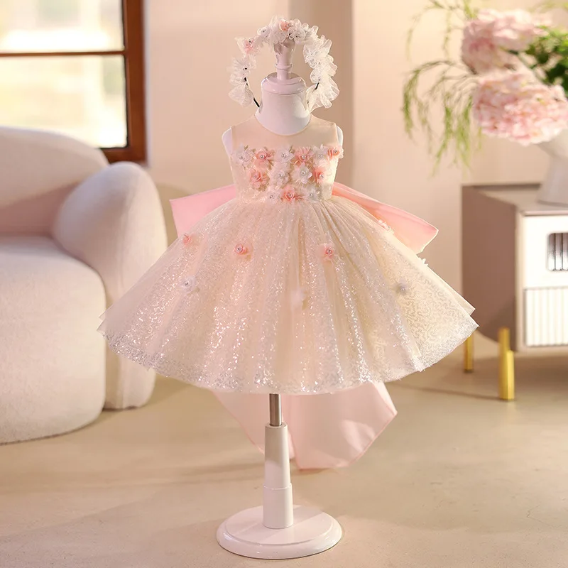 High End Girls Fashion Flower Beading Princess Ball Gown Children Elegant Birthday Wedding Performance Dress y1562