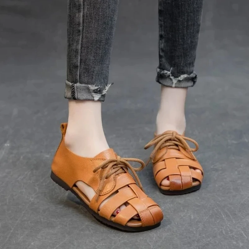 

2025 женские летние сандалии, уличная повседневная обувь из натуральной кожи, женские лоферы на плоской подошве со шнуровкой в стиле ретро