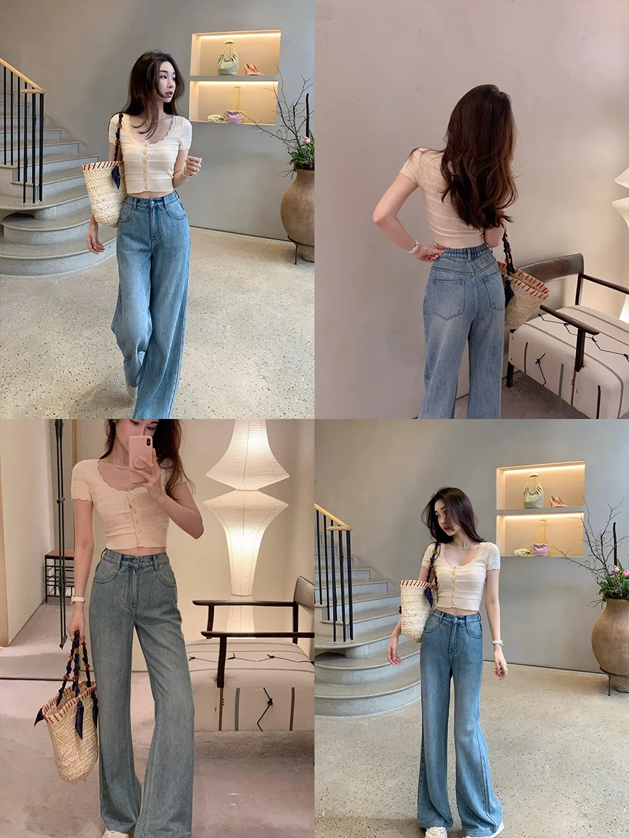 

Женские джинсы с высокой талией, прямые, свободного кроя, из денима, синие, повседневные