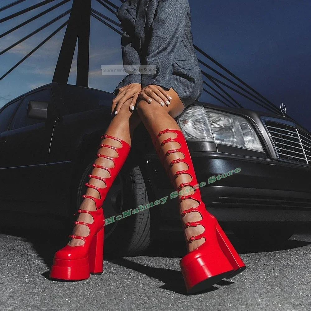 

Сандалии на толстой подошве, сапоги с круглым носком, массивные высокие каблуки, пряжки, ремни, сапоги до колена, женская летняя вечерняя повседневная обувь, однотонная