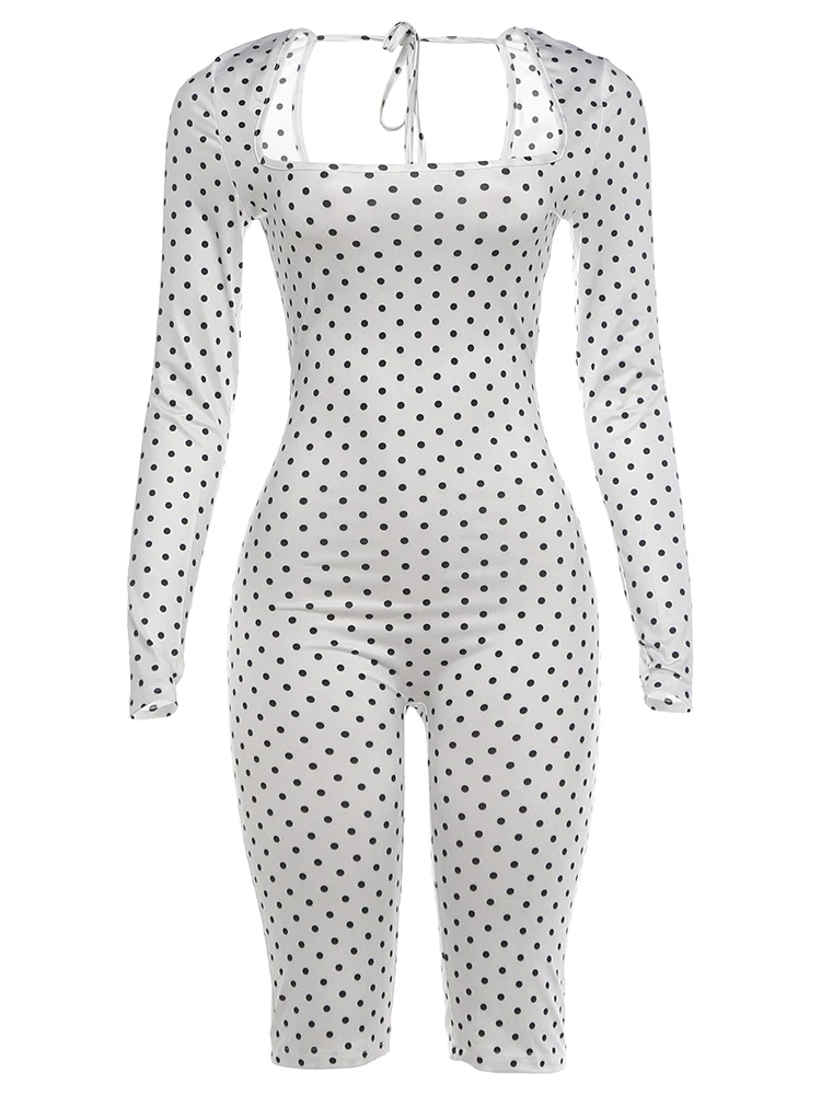 Weird Puss Sexy Mode-Playsuits für Damen, Polka-Dot-Print, quadratischer Kragen, lange Ärmel, figurbetont, Pfirsichfarben, für Mitternachtsclub-Partys – Detail 2