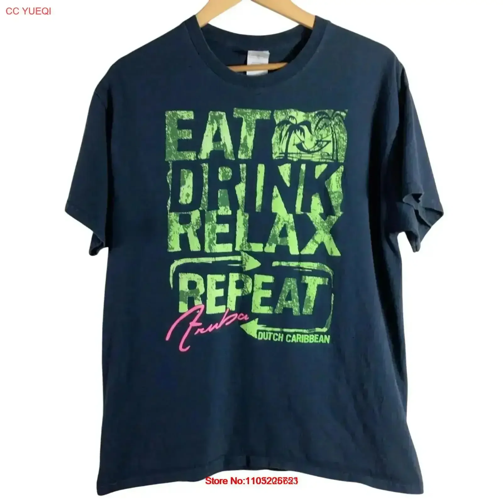 Vintage Aruba Dutch Caribbean T Shirt Navy Blue Green Large Washed Top For Everyday Wear Versatile Slightly Soft vintage