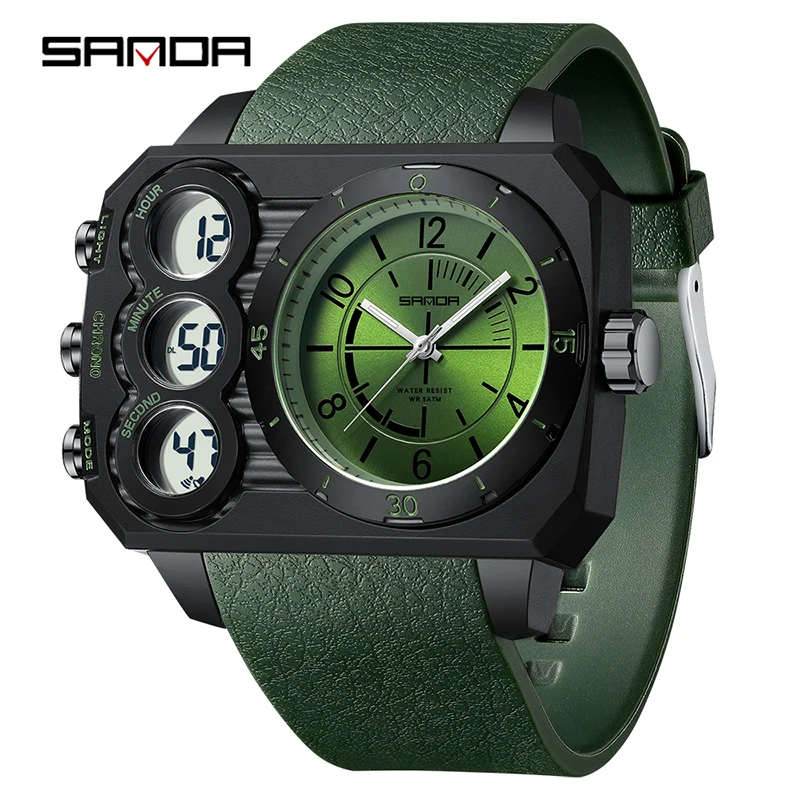 

SANDA SD6237 Мужские электронные часы с двойным дисплеем, спортивные многофункциональные водонепроницаемые светодиодные часы с ночником