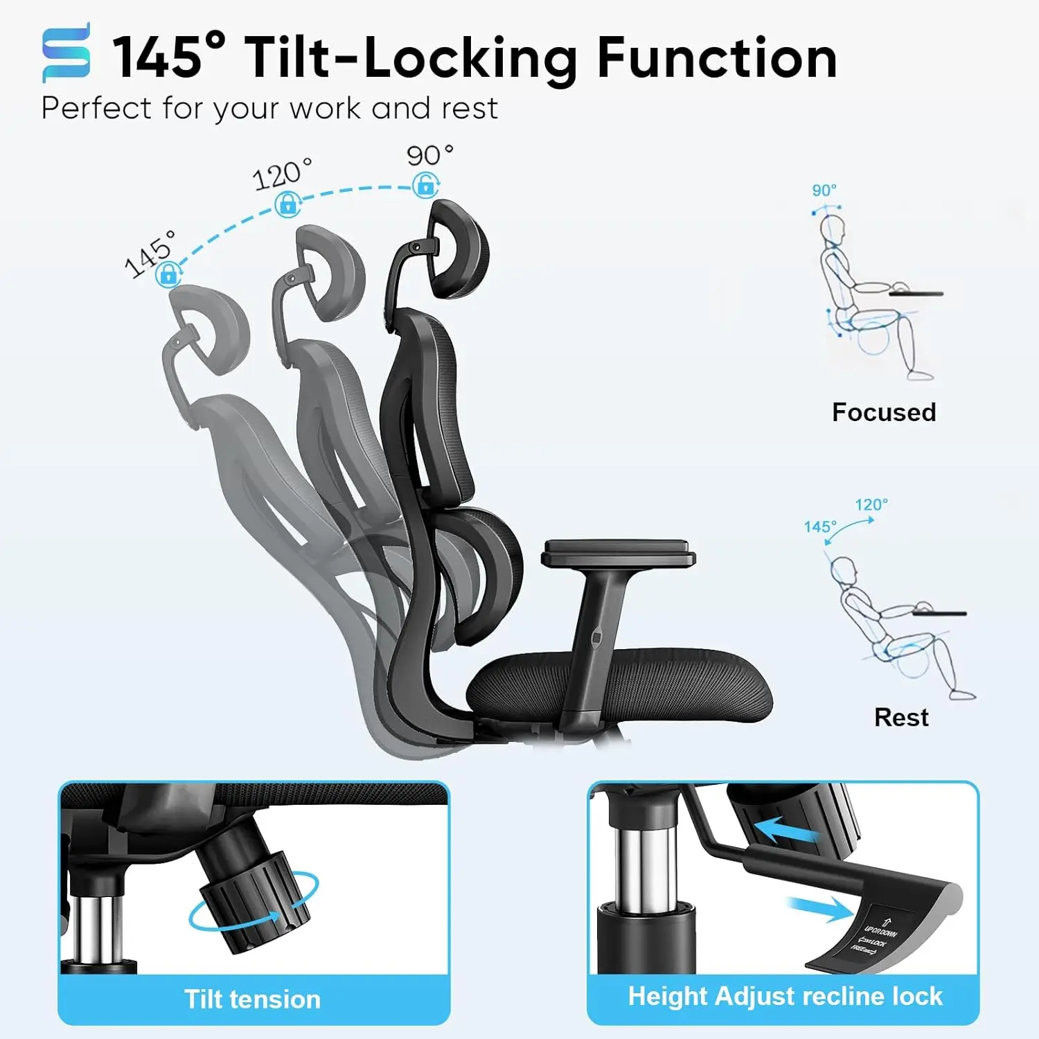 Ergonômico encosto alto Mesh Office Chair, cadeira com apoio lombar, encosto de cabeça ajustável, giratória executiva, cadeira do computador