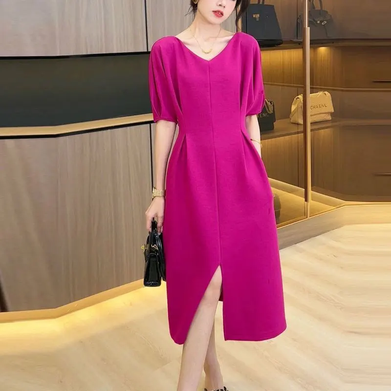 Elegant V-Neck Midi Dress Female Clothing Split Commute A-Line Folds Waist Monochromatic Luxury Dresses Summer Fashion 2024 New