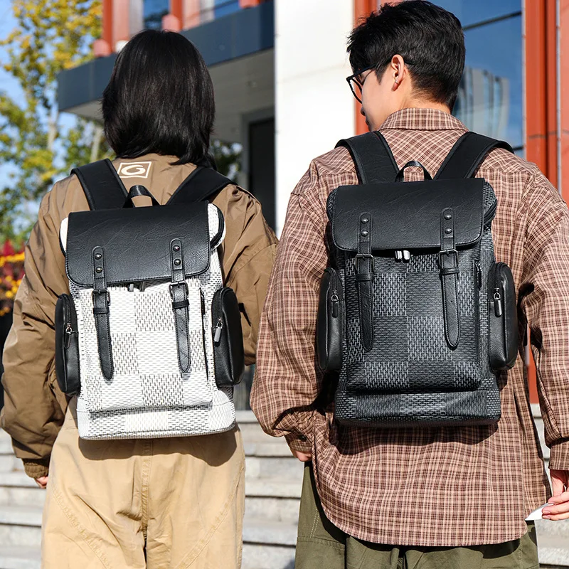 Large capacity computer bag soft leather fashion men's business trip PU backpack new casual business travel bag trend plaid