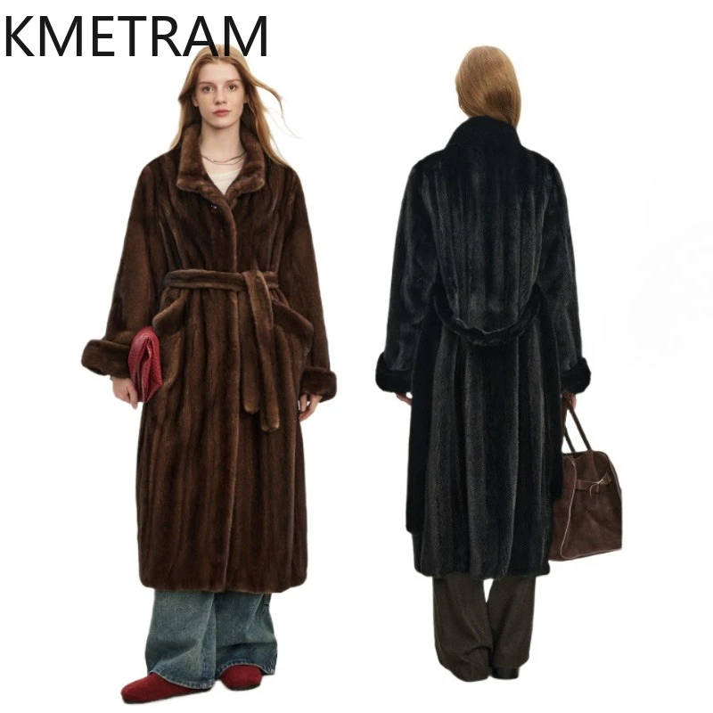 KMETRAM Natural Whole Mink Fur Coat with Belt Woman High Quality Long Mink Fur Jacket Mulberry Silk Lining Winter Clothes 2026