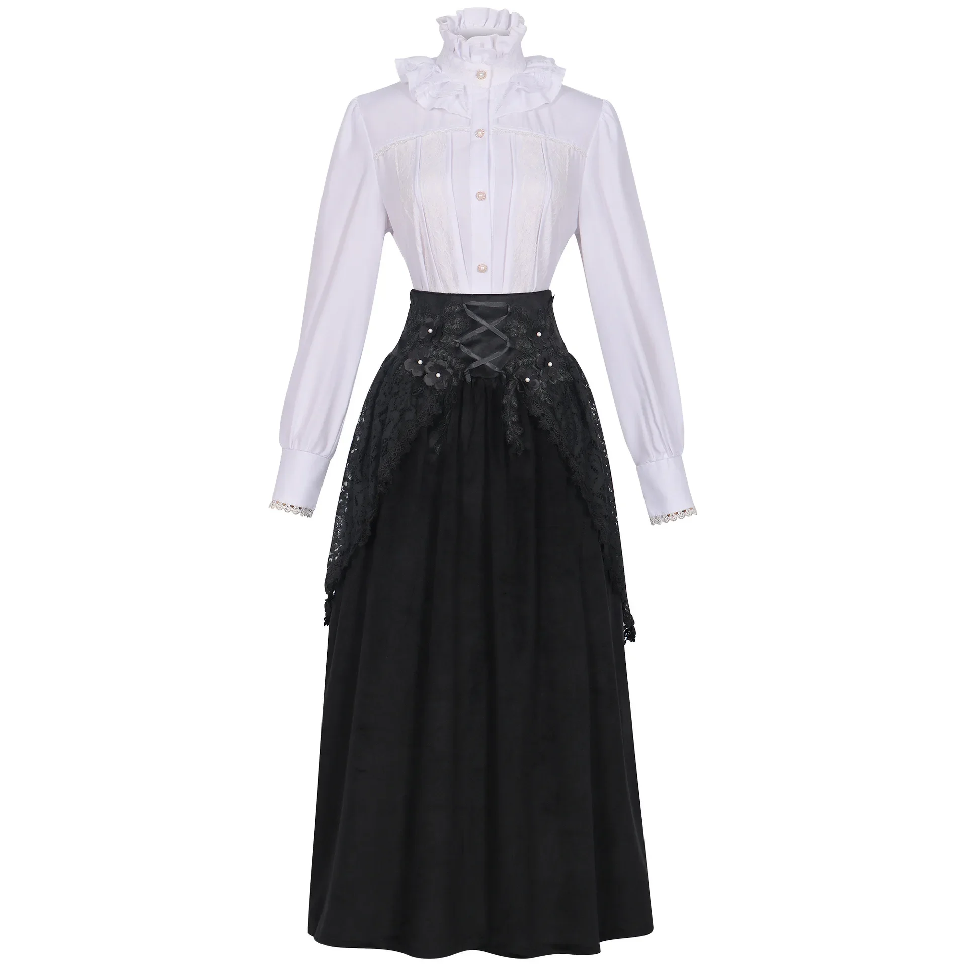 

New Women's Lolita Autumn Victorian Blouse Retro Medieval Stand Neck Ruffle Shirt Long Sleeve Gothic Solid Black White Tops