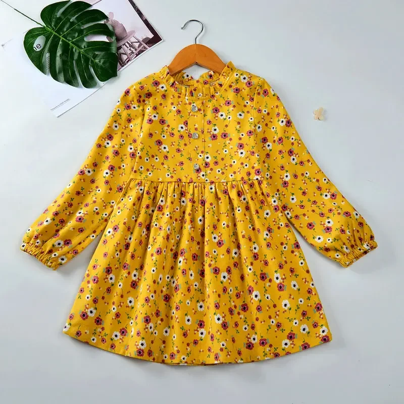 Vestido de princesa para niñas, primavera y otoño, novedad de 2024, ropa de manga larga de algodón con flores para niños, vestido de fiesta, disfraz