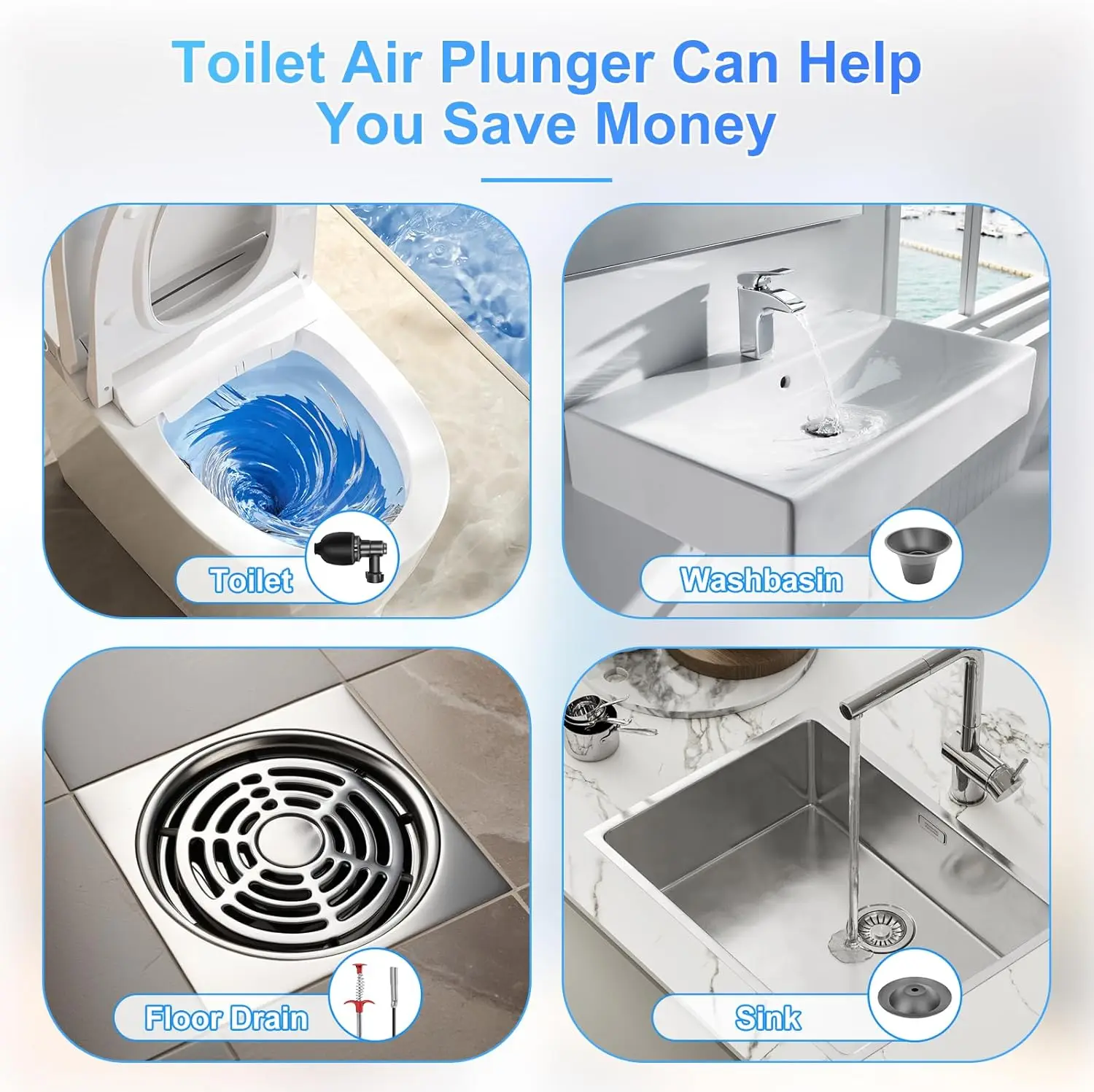 Toilet Plunger Drain Clog Remover High-Pressure Drain Unclogger for Clogged Bathroom, Sink, Kitchen Air Plunger with Real -Time