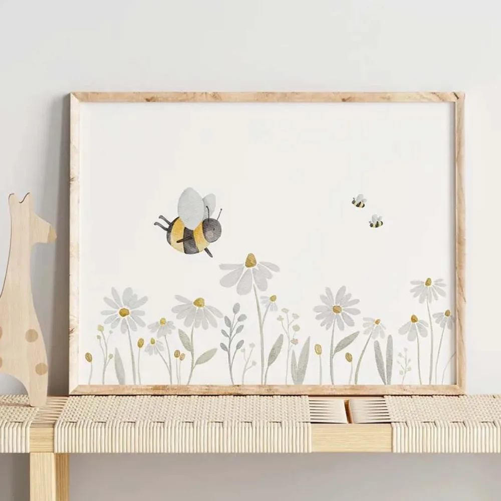 Frameless Boho Cartoon Farm Art Canvas Painting Rabbit Fox Bear Bee Mouse Flower Posters Print Pictures for Baby Kids Room Decor