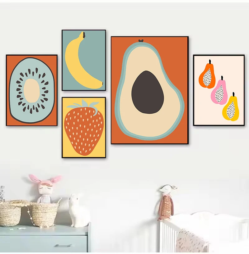 1pc frameless Canvas Painting (No frame)Retro Abstract Fruit Food Strawberry Kiwi Pawpaw Illustration Poster Canvas Painting Wal