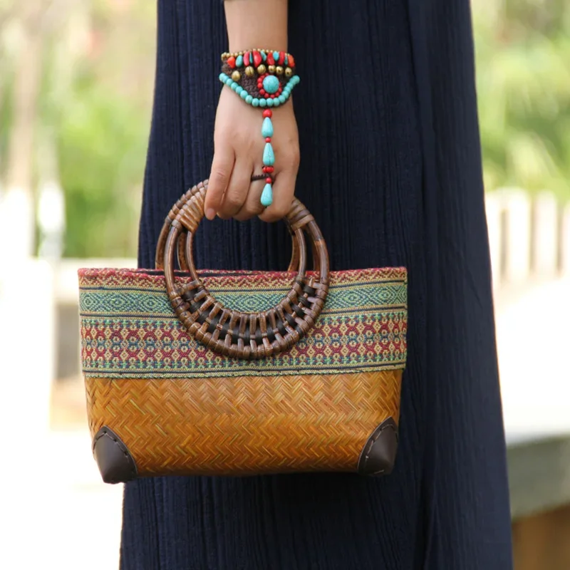 Retro Japanese Handmade Bamboo Woven Bag Vietnam Mini Woven Female Bag Literary Youth Storage Woven Rattan Handbag