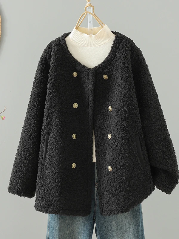 Loose Lamb Fur Jaet ort round Ne Double Breasted Winter New Sle Women's Woolen Coat Pure Color Long Sve Top