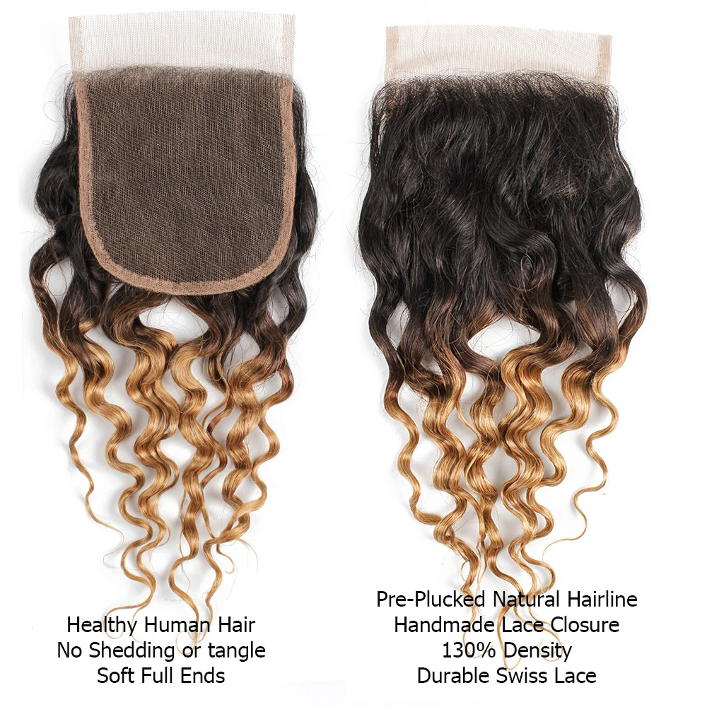 4*4 Lace Closure Water Wave Hair Dark Brown 1B 27 Ombre Honey Blonde Color 10-20 inch Remy Human Hair Closure MOGUL HAIR