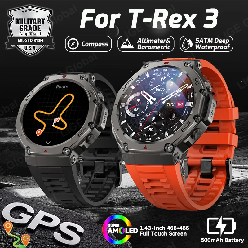 LIGE New For T-Rex3 GPS Path Smart Watch 5ATM Waterproof 500mAh Battery Sports Run Tracker Outdoors Compass Military Smartwatch