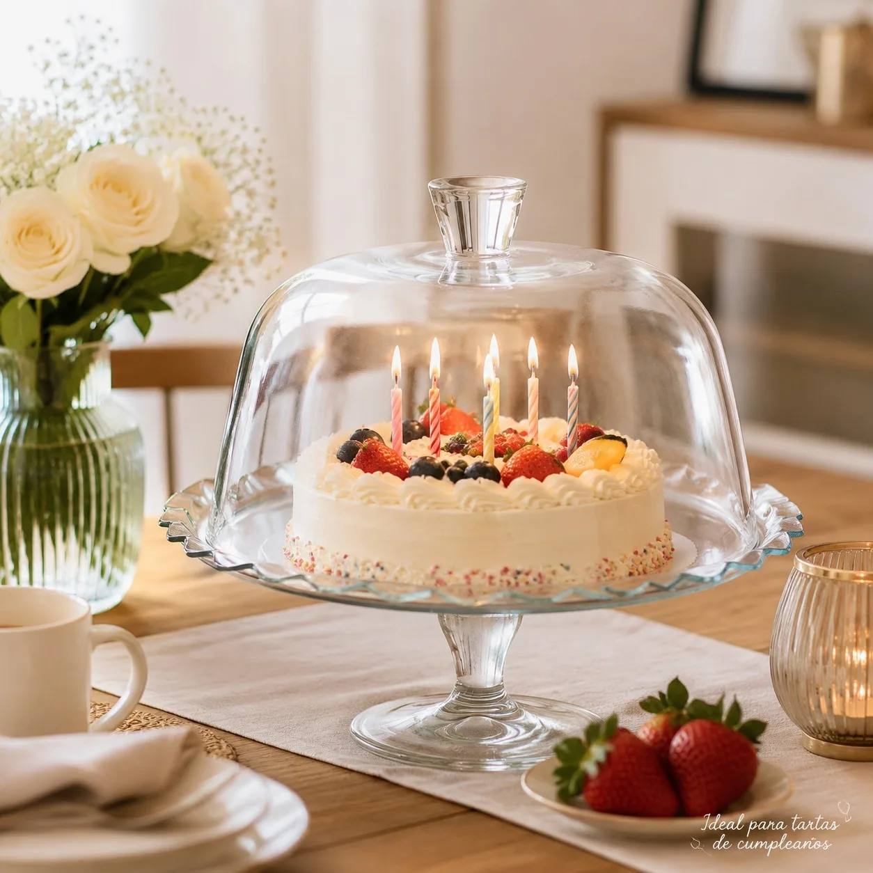 Support à gâteau en verre avec dôme en verre 26,4 cm, base surélevée de 13 cm et bord ondulé, support élégant pour gâteaux et desserts pour tables de bonbons et événements spéciaux