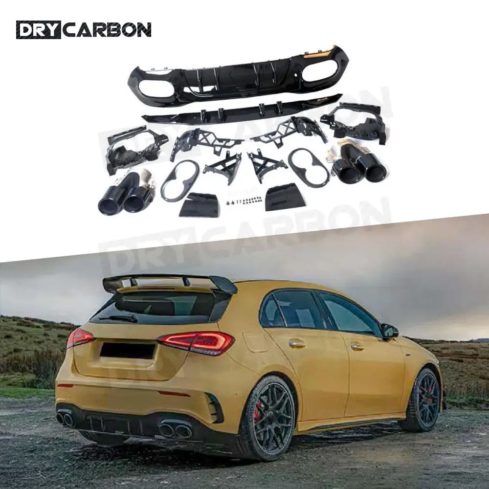 Gloss Black Rear Diffuser with Exhaust Tips and Brackets For Benz A Class W177 A180 A200 250 A35 A45 Hatchback 2020+ Carbon Look