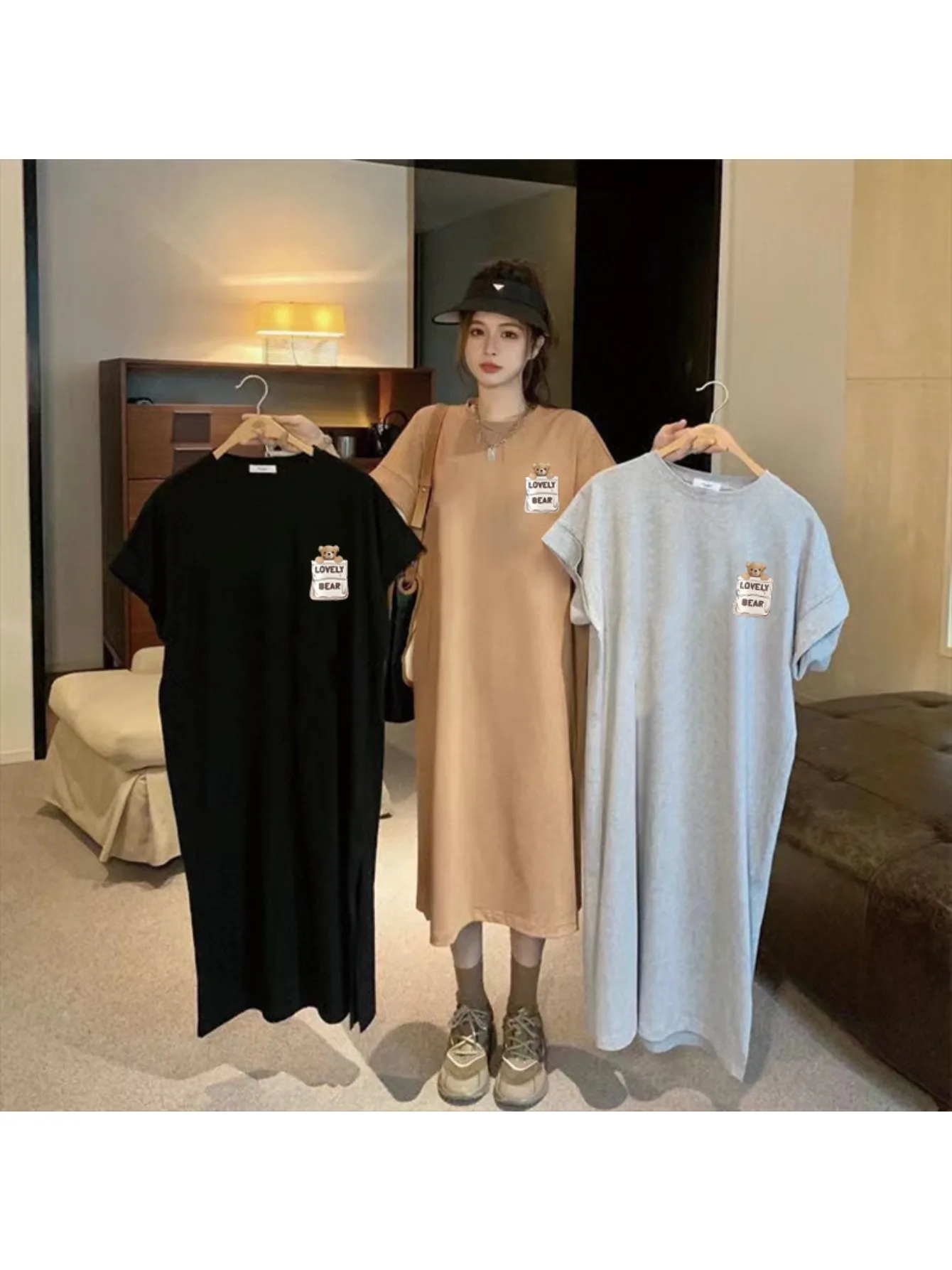 เสื้อยืดแขนสั้นกระโปรงผู้หญิงในฤดูร้อนขนาดใหญ่กระโปรงหลวมความยาวกลางลำลองชุดผ่าเหนือเข่า