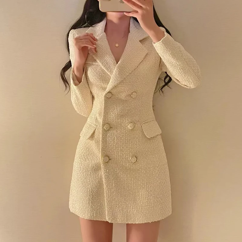 Notched Botton Tweed Dress Mini Party Vintage Elegant Black Korean Club Vestido Curto Autumn 2024 Winter Slim Jacket Sukienka