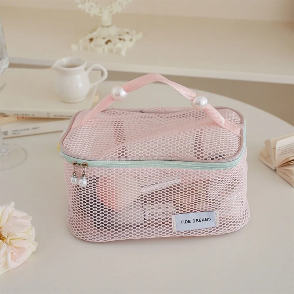 See Through Mesh Cosmetic Bag Portable Large Capacity Travel Toiletry Bag Hanging Rope With Pearl Zipper Pencil Case Travel