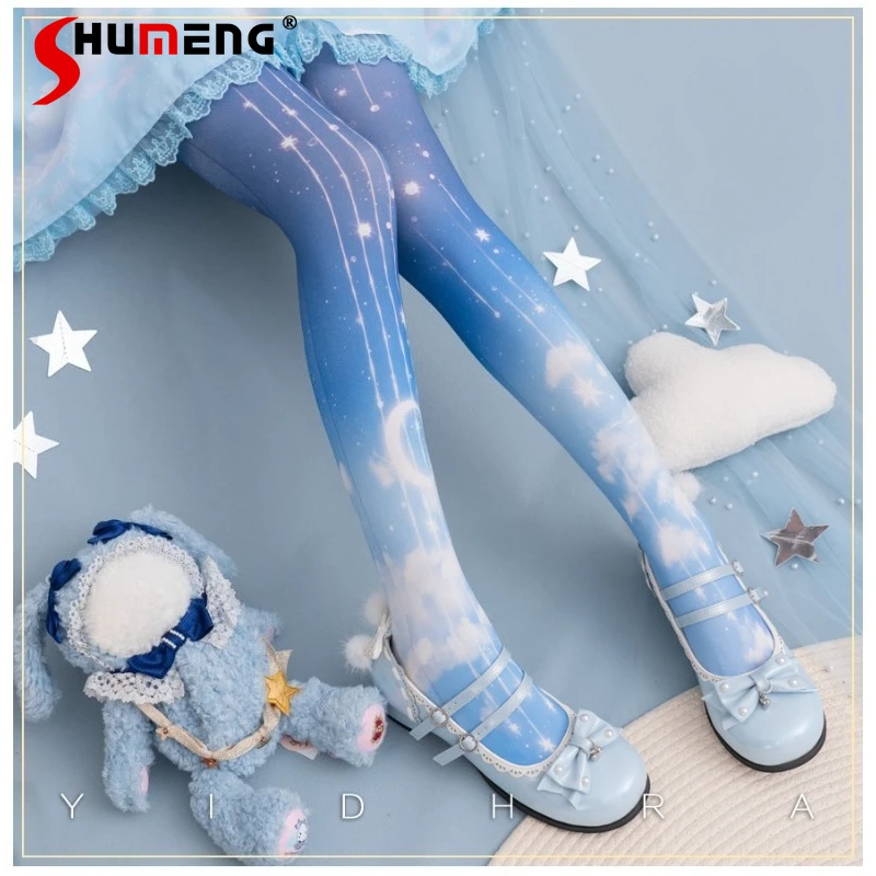 

Gradient Color Tights Japanese Style Witch Slim Fit Long Stockings Original Lolita Cloud Print Pantyhose Ladies Y2k Kawaii Socks