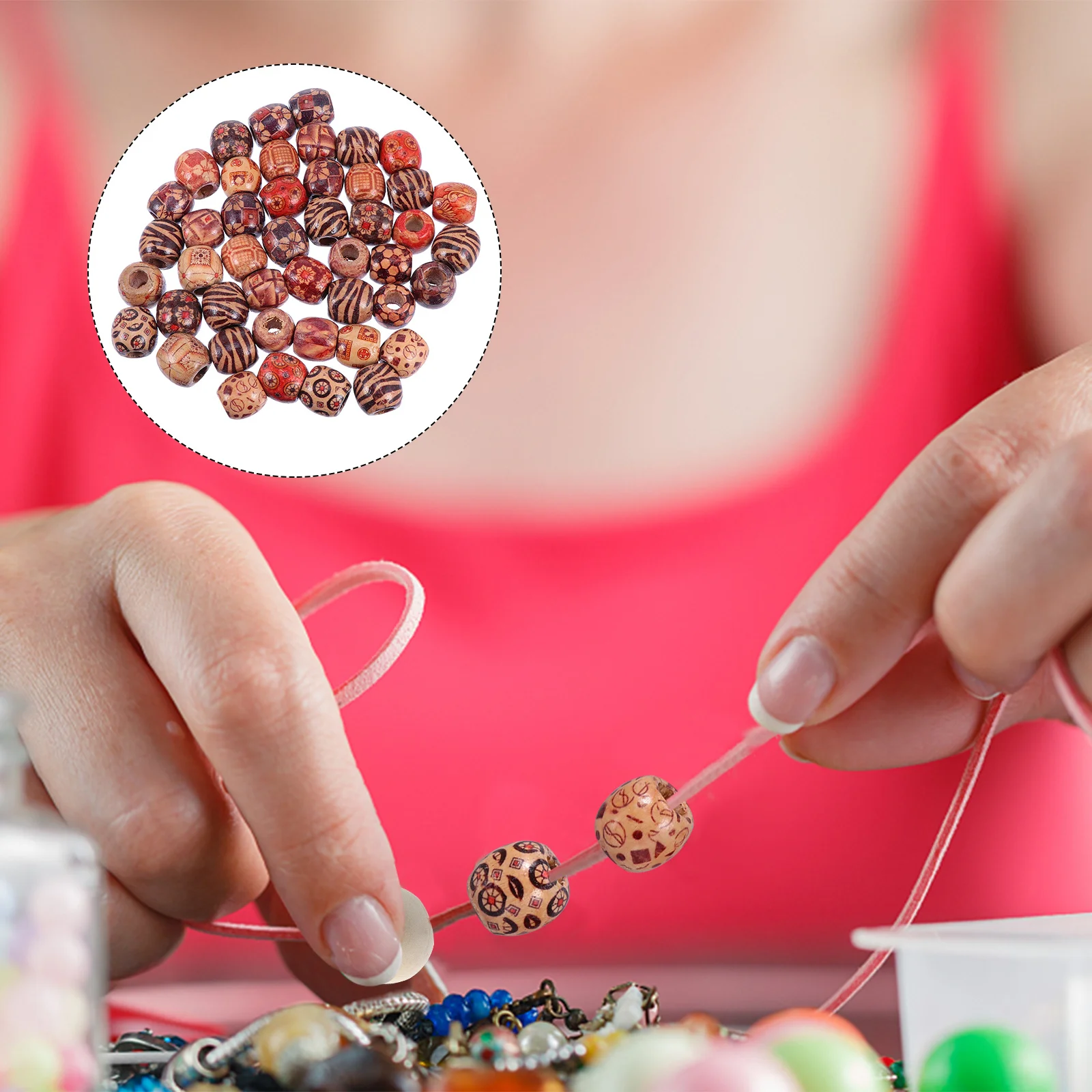 100개 페인트된 드럼형 원형 나무 구슬, 쥬얼리 공예 제작 DIY 팔찌 목걸이 용품 페인트된 나무 구슬