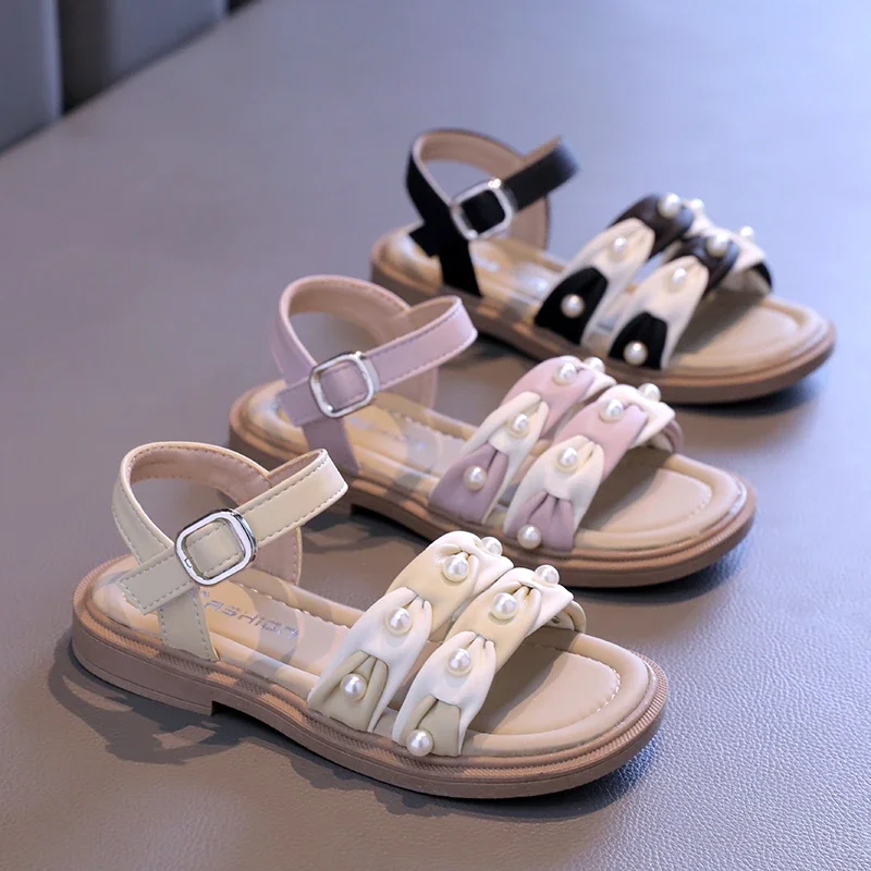 

Summer Girl's Sandals Kid's Beach Shoes With Pearl Style Fashion Woven Children's Sandal Flexible Sole Princess Braided Shoes