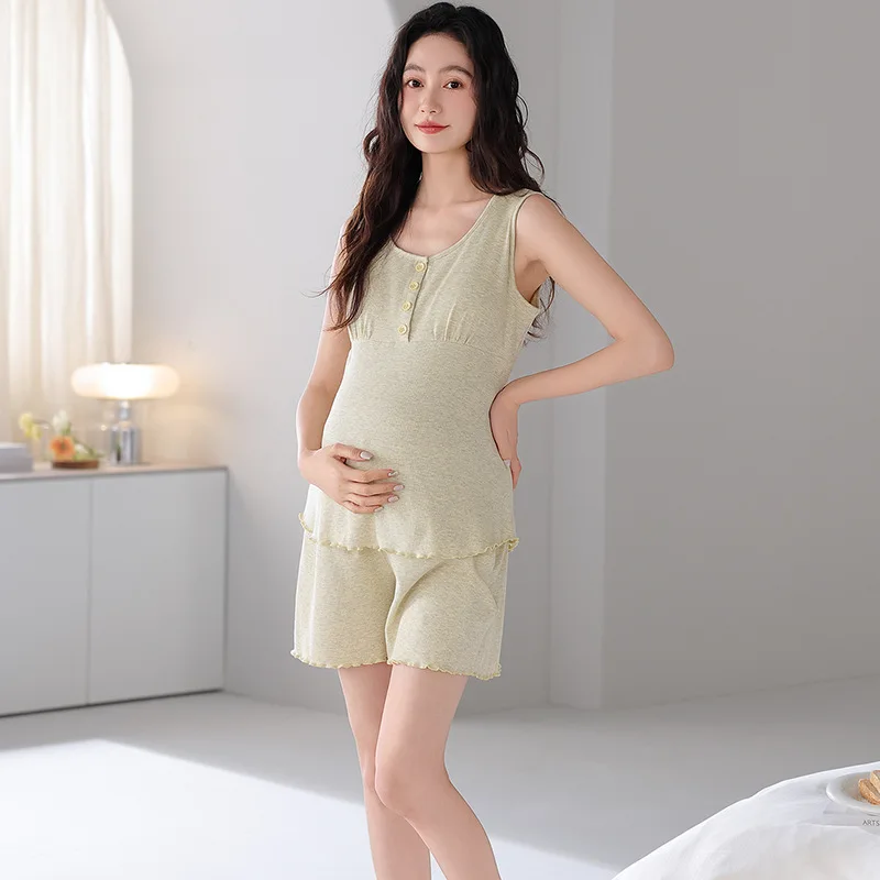 

Maternity Breastfeeding Homewear Pregnant Women's Pajamas Summer Thin Tank Vest Shorts Colored Modal Set with Chest Cushion