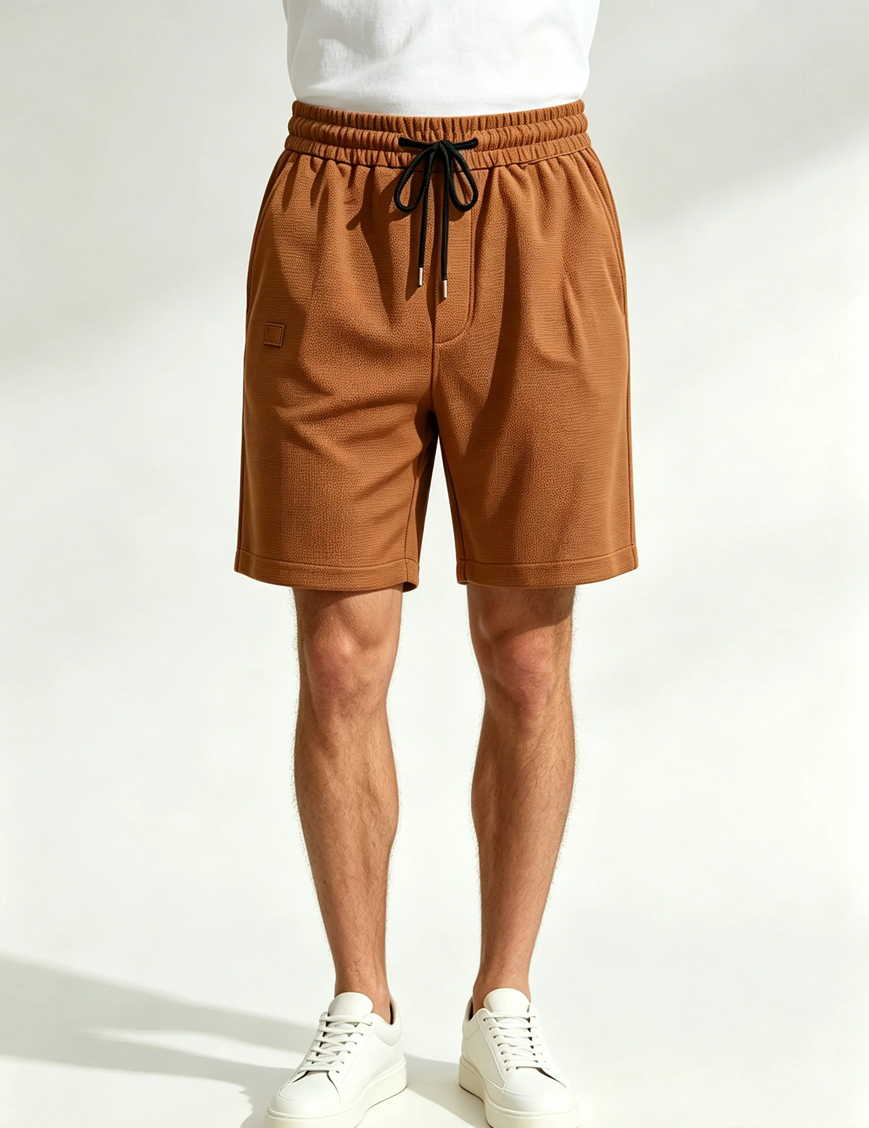 Men Waffle Texture Casual Shorts Mini Leather Patch Drawstring Elastic Waist Summer Breathable Sports Short Pants
