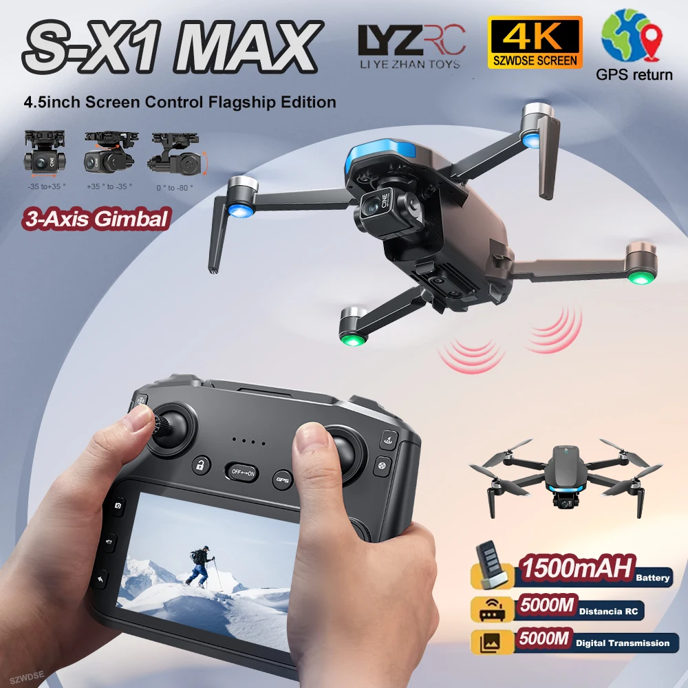 S-X1 MAX GPS Drone 4K Professional HD EIS Cameras 3-Axis Gimbal Aerial Brushless 4.5' Screen 5G WIFI FPV Drones RC Quadcopters
