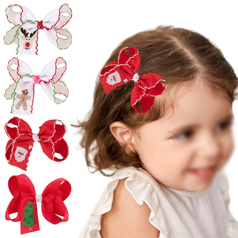 ncmama 2/1PCS Christmas Hair Bow Clips Embroidery Butterfly Bow Hairpins Sweet Girls Ribbon Barrettes Christmas Hair Accessories