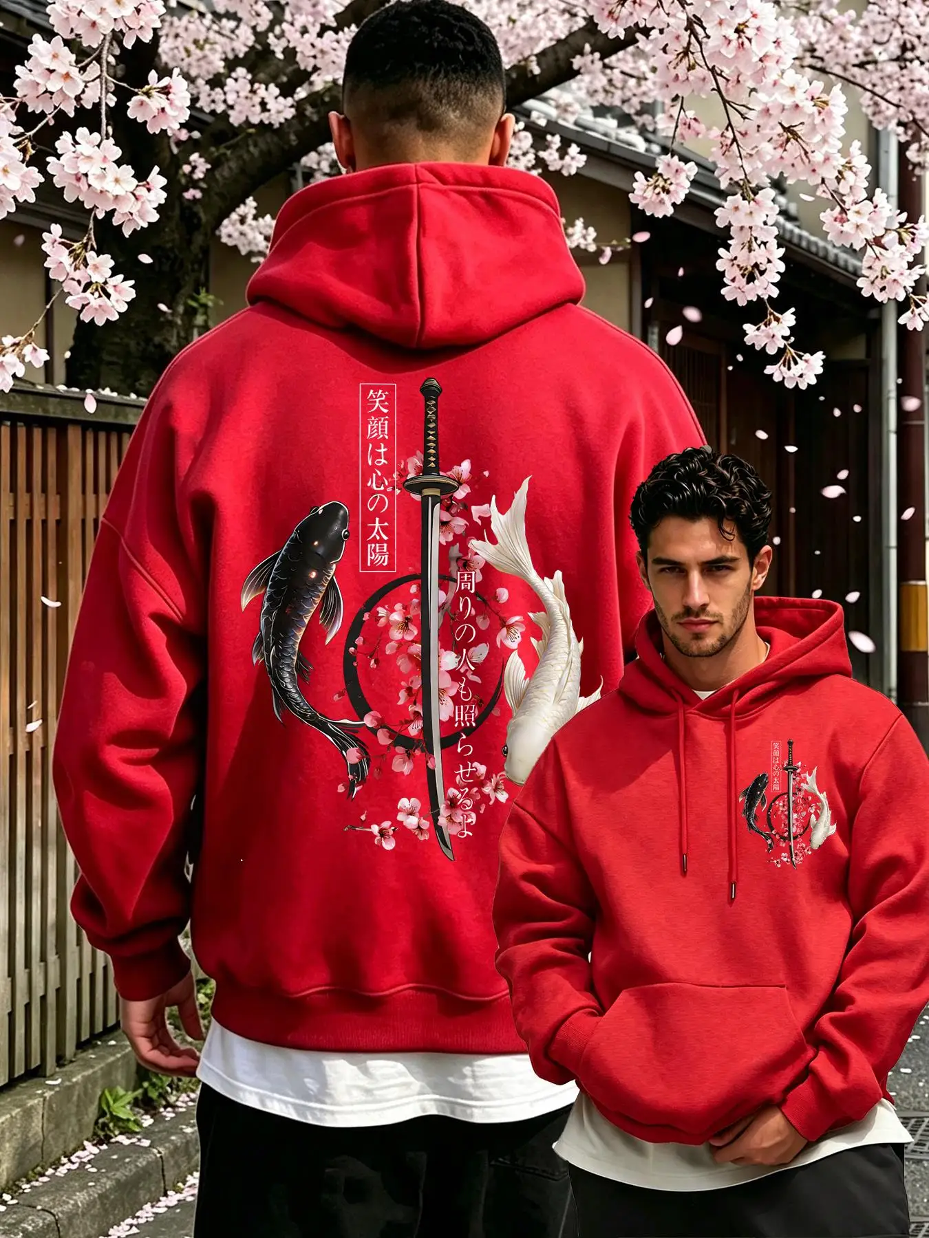 Japanese Cherry Blossom Sword Koi Print Men'S Hoodies Hip Hop Pocket Hoody Casual Autumn Streetwear Fleece Multicolor Pullover