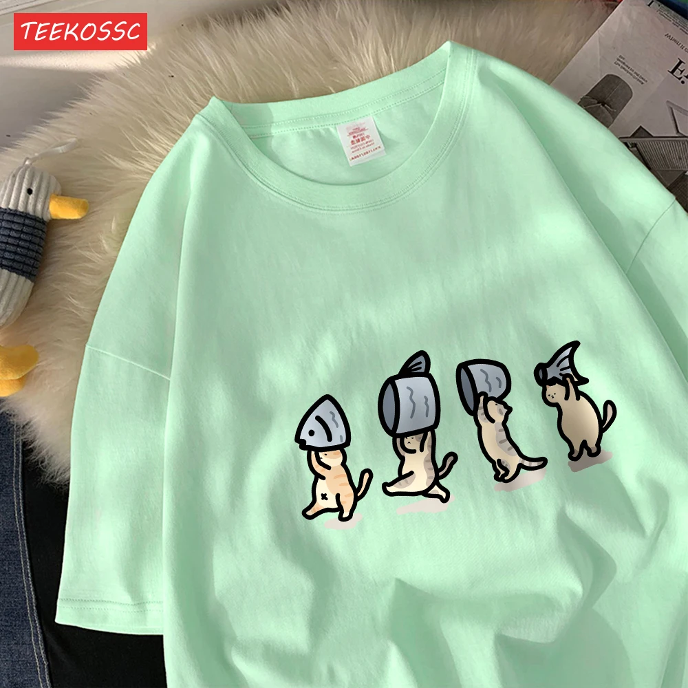 Vier Kleine Katzen Halten Fishcotton Frauen T-Shirts Cartoons Drucke T Shirts Weiche Oansatz Lose Kurzarm Tops Sommer Kleidung – Detail 21