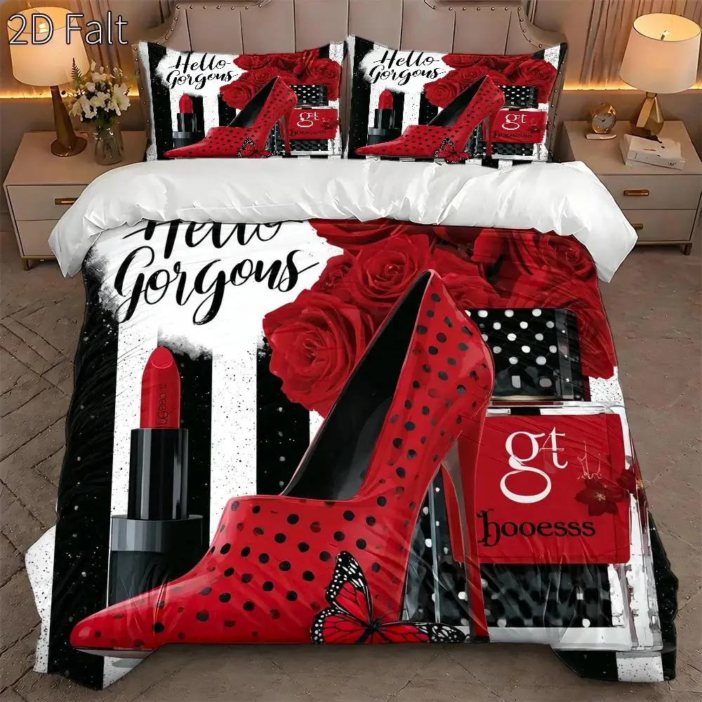 Quilt Cover Set Red Rose High Heeled Shoes Retro Art Style Bedding Set Machine Washable Invisible Zipper Skin Friendly Breathable