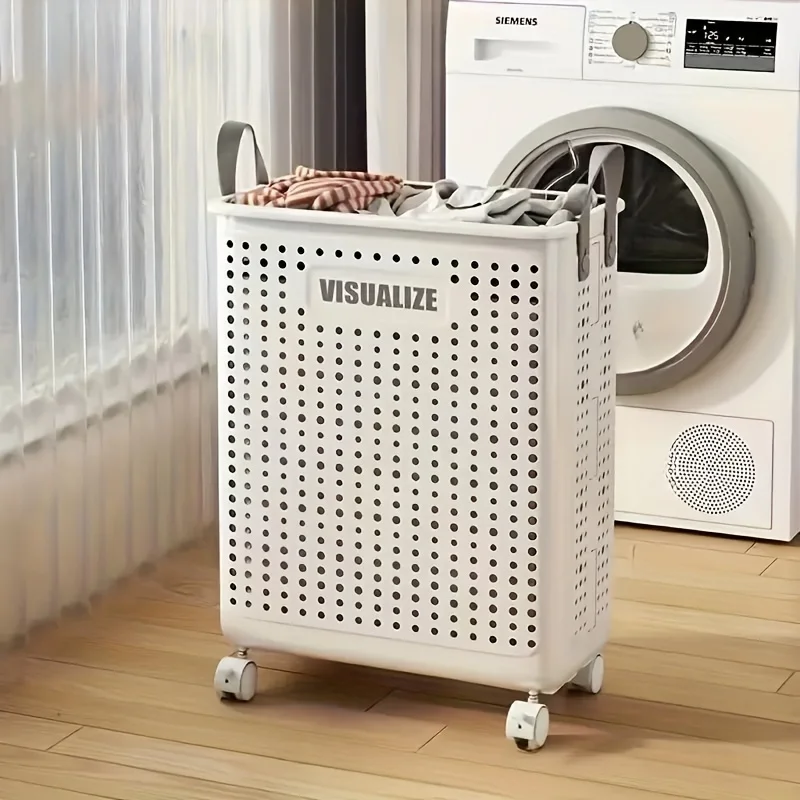 Large Foldable Laundry Hamper - Ceramic White, Spacious & Portable with Wheels for Easy Mobility, Ideal for Home Use