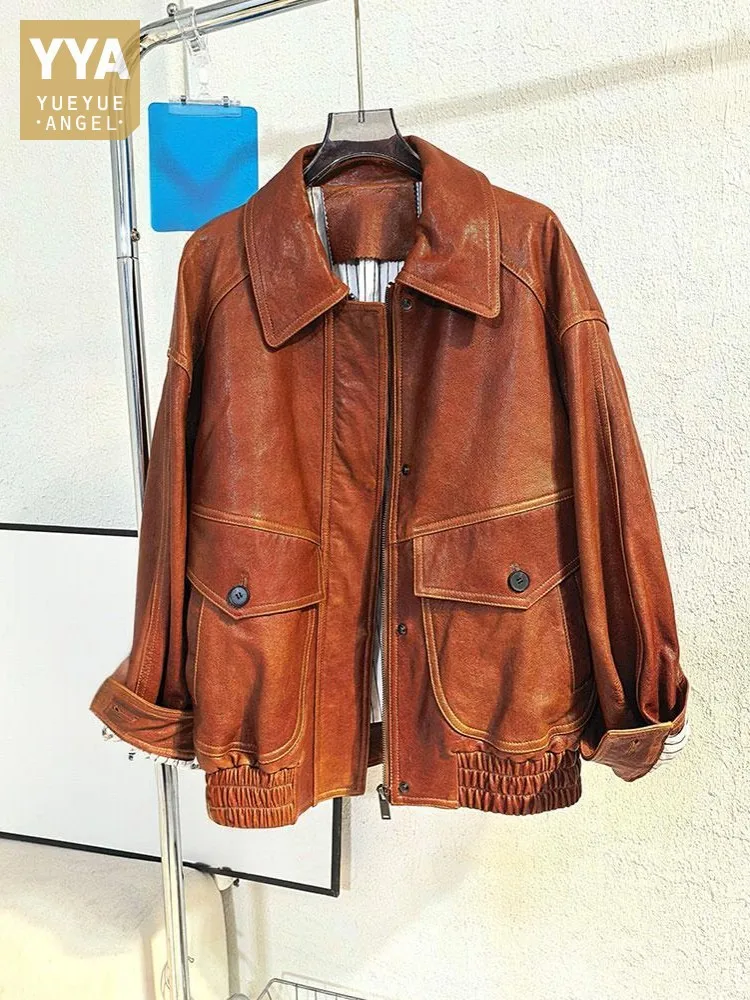 Damen Umlegekragen Ölwachs Schaffelljacke Lose Herbst Arbeitsmantel Winddicht Vintage Biker Reißverschluss Echtes Leder Damen